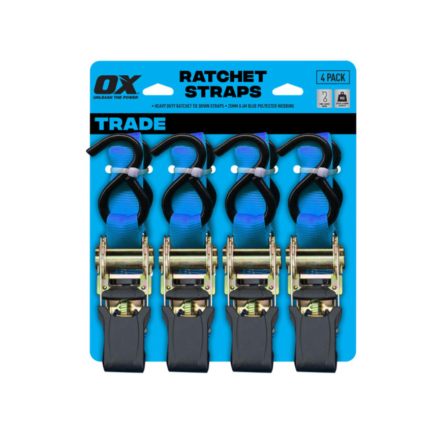 OX Trade 25mm Ratchet Tie Downs - 4pk