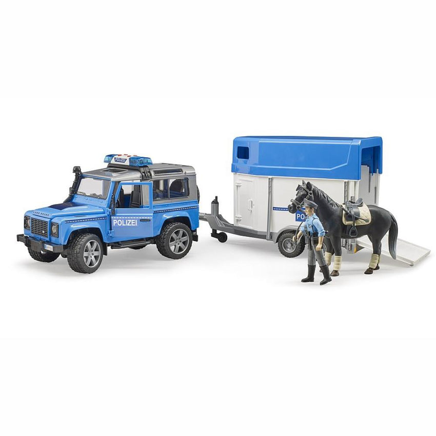 BRUDER Land Rover Defender Police vehicle w/horse trailer +mounted pol