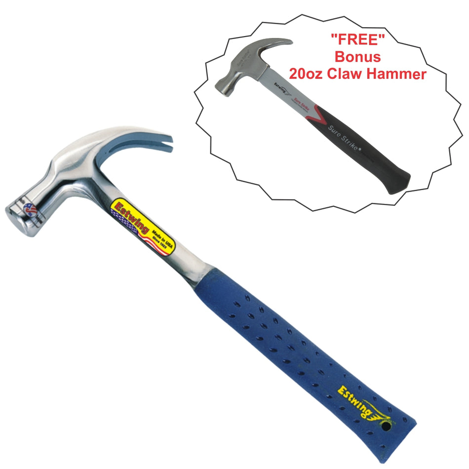 ESTWING 24oz Claw Hammer - SHOCK REDUCTION GRIP - Combo with Free 20oz Hammer